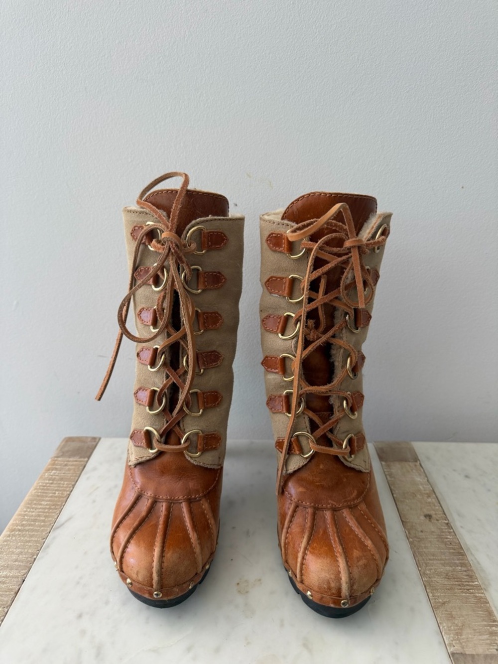 Michael Kors Two-Tone Lace-Up Duck Boots in Brown and Cream